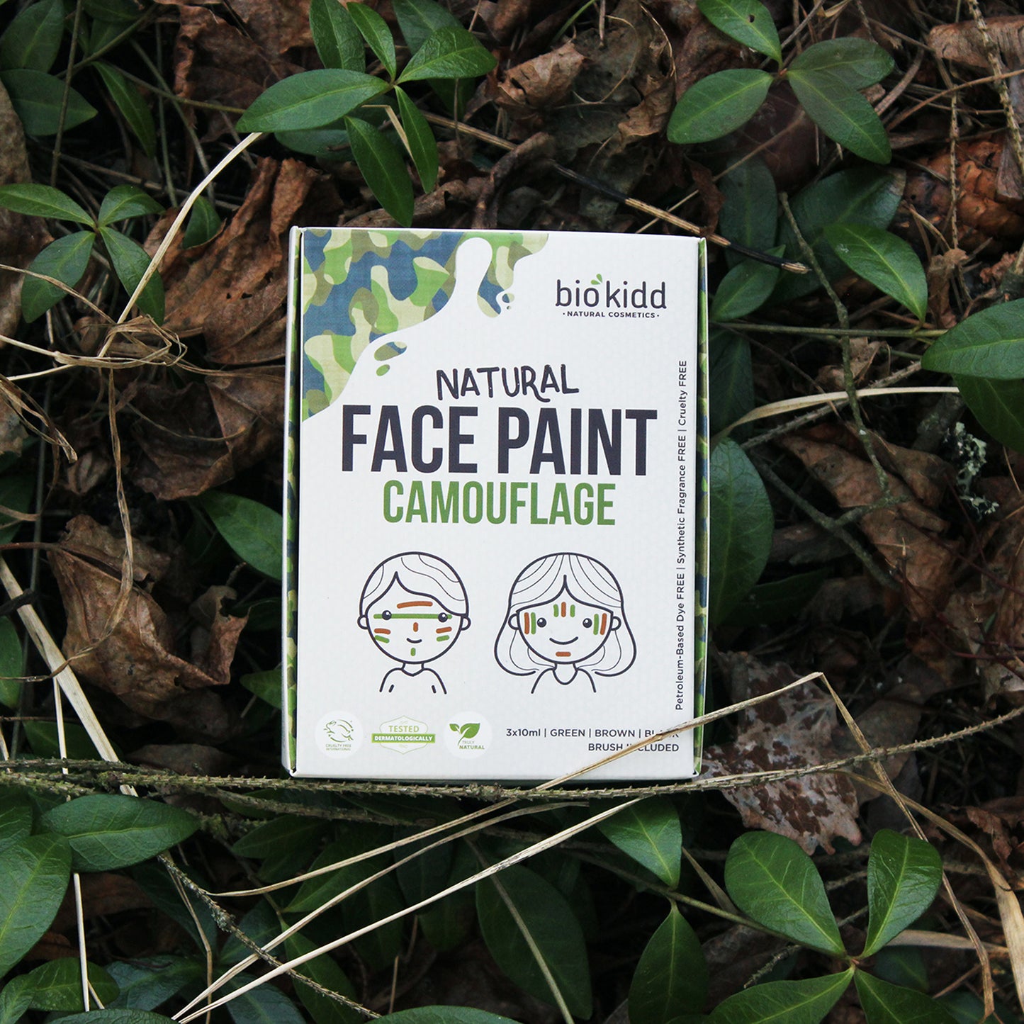 BioKidd Natural Camouflage Face Paint, 3 Water Based Colours