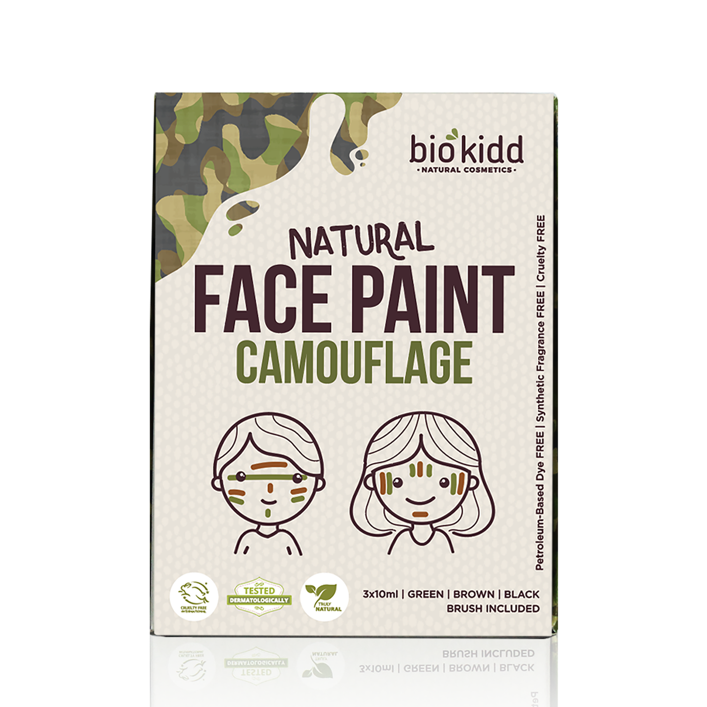 BioKidd Natural Camouflage Face Paint, 3 Water Based Colours